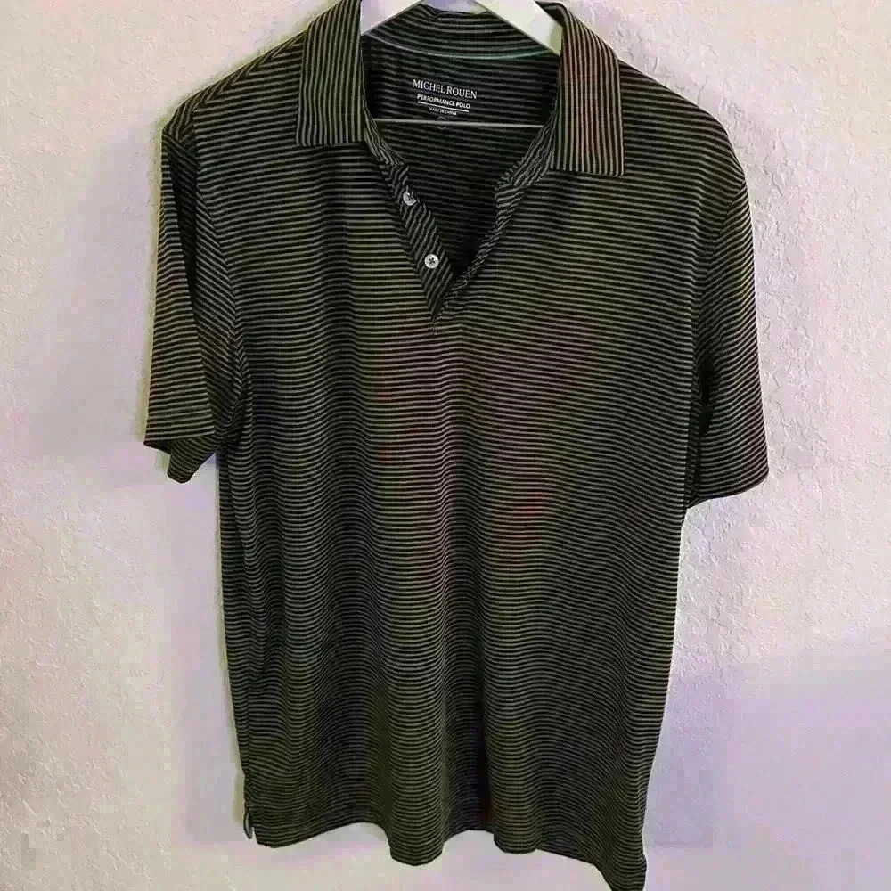 Michel Rouen Men’s Performance Golf Polo Black and Gray Stripe Large